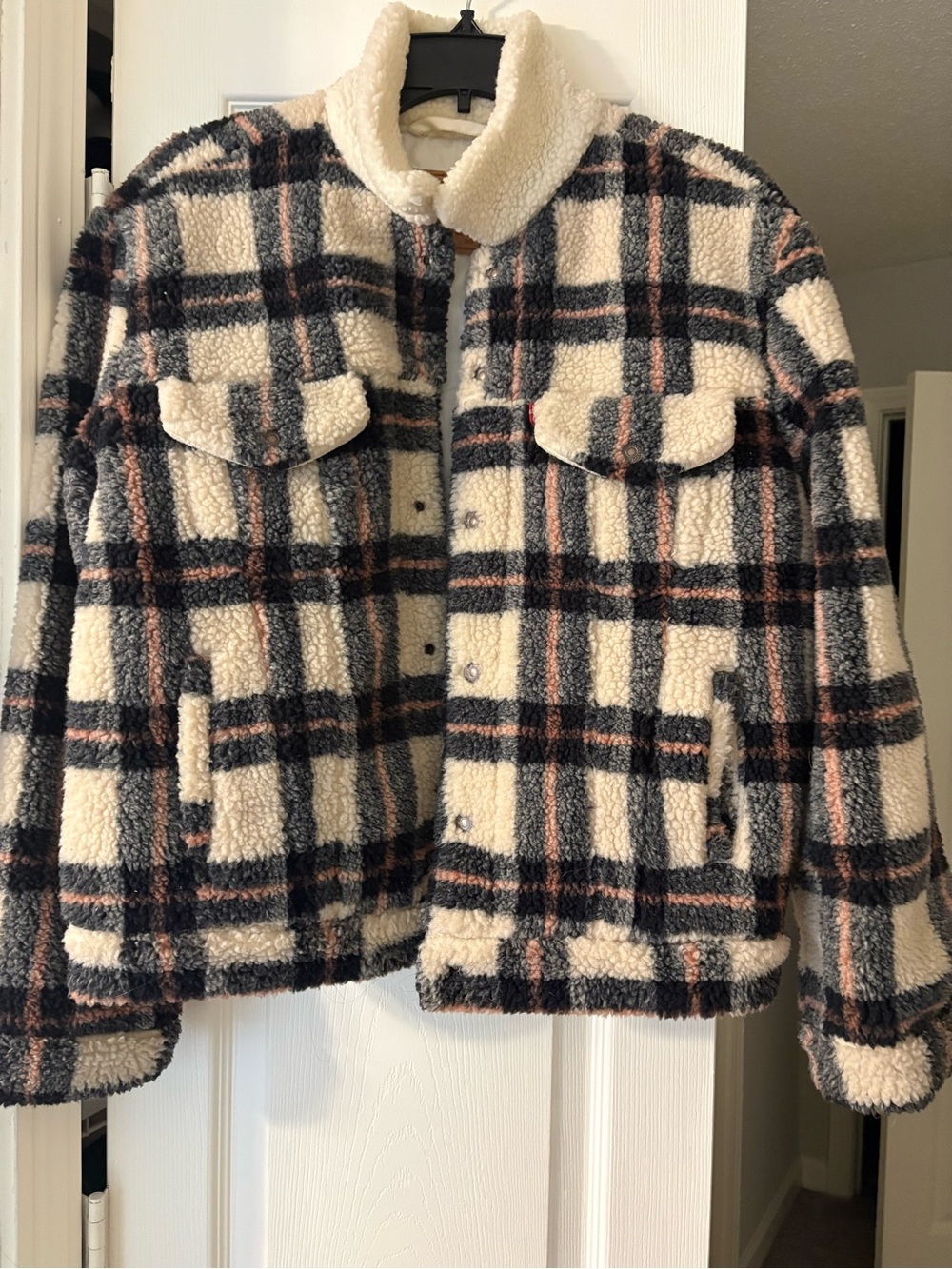 Levi's Cream Sherpa Plaid Jacket with Black & Pink Trim